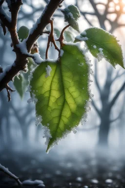 Ginger apple leaf frozen on the tree, frozen morning with fog , beautiful reflections, natural vivid colors, dynamic light and shadow, very detailed scene with intricate details,