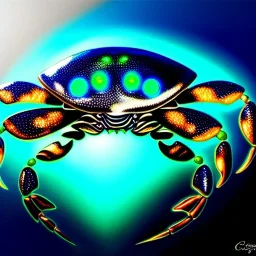 ultra detailed fullbody Drawing of a Cyborg alien metallic Gigantic Blue Crab on the shore ,with glowing Green eyes, extremely detailed digital painting, intrincate, extremely detailed face,crystal clear Big eyes, in the style of Caravaggio , mystical colors , perfectly centered image, perfect composition, rim light, beautiful lighting, 8k, stunning scene, raytracing