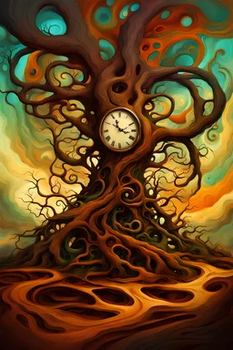 A digital painting of a grotesque, surreal landscape, embodying the chaos of the subconscious showing a distorted clock and shaped trees with twisted roots float above a ground with colorful waves and swirls. This landscape is like a dream world. Use exaggerated proportions, and a digital brush texture of oil paint.
