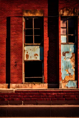 side of an old brick building, with windows, a doorway at the bottom, and across the top is a worn out painted mural