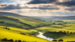 View across the valley in the Yorkshire Dales with beautiful clouds, late afternoon sunshine, stone walls enclosing the fields, gentle hills and valleys, river, calm, peaceful, tranquil, beautiful composition