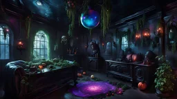 A gritty, full-body shot of an insatiably evil black opal iridescent pearlescent dark witchy living room with herbs and flowers and ivy hanging from the ceiling and walls, colorful macabre, Dariusz Zawadzki art style, liminal spaces, horror art, dark gaming background, wet, glossy, horror art, trypophobia, eerie, intricate details, HDR, beautifully shot, hyperrealistic, sharp focus, back lit, 64 megapixels, perfect composition, high contrast, cinematic