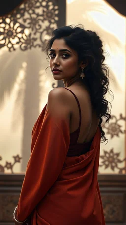 A divine South Asian woman stands in quiet grace, draped in a designer saree of earthy clay tones, evoking the warmth of Bengal soil. Her modern blouse features a deep back cut and minimalist straps, blending tradition with contemporary elegance. Her teary eyes shimmer with emotion, her serene face framed by soft curls and a subtle bindi. Behind her, a carved wooden door with intricate floral and geometric patterns glows in the misty golden light of Diwali. A tall palm tree looms through the fog