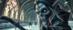 close up portrait of shiny ice dark dwarf grim reaper babe with lavender eyes and red and silver hair, and with magical aura hockey staff, pin hole cam, master oil painting by Rembrandt, d&d glam rock and glitter vampire gremlin illithid and lich playing hockey in ice skating hall or church, in the style of giger and escher, sci fi with floating little saucers