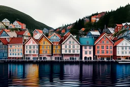 Colored pencil drawing, Very detailed, Realistic, Drawing of the colorfull houses in the city Bergen in Norway. Colorfull, professional, realistic, detailed, ultra HD, pencil strokes