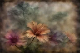 flowers, blur 5%, double exposure, merged layers, in the first part (near to us) of the picture you can see a plain sandblown smoked glass, engraved with a folk art pattern, the glass is cracked in several places, in some places the glass is broken, crumpled burlap, through it you can see a tropical rainforest with a waterfall, mist, fog, sunrise