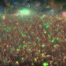 GIANT DANCE PARTY, FESTIVAL IN THE MOUNTAINS, MUSIC FESTIVAL, CROWD, cinematic lighting, 4k, 8k, octane render, digital concept art, extremely detailed, ambient lighting, GREEN