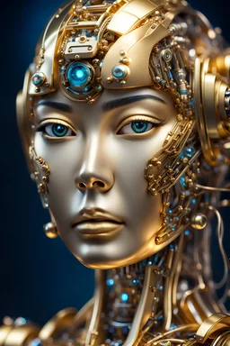 shiny golden woman robot made of metal , Miki Asai Macro photography, close-up, hyper detailed, trending on artstation, sharp focus, studio photo, intricate details, highly detailed, by greg rutkowski
