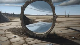 A realistic oil painting, depicting an empty mirror reflecting a vast, desolate landscape, with cracks and imperfections on the mirror's surface. The scene is eerie and haunting, with a sense of isolation and abandonment. The empty mirror symbolizes lost memories and forgotten dreams. Suffix adds a touch of surrealism, with distorted shapes and shadows in the reflection