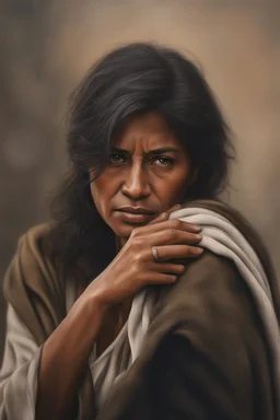 A close-up image of a woman wiping away a tear with a determined expression, realistic, photorealistic, hyperrealism, full-body