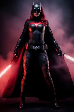 an extremely muscular Mina Shakespeare as Batwoman - gradated Background, professional quality studio 8x10 UHD Digital photograph by Scott Kendall - multicolored spotlight, Photorealistic, realistic stock photo, Professional quality Photograph. colored Fog - Multicolored lightning, 3D heart