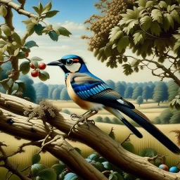 Wildlife painting in the style of Charles Tunnicliffe, showing a European Jay, perched upon the branch of a tree in the English countryside. Modifiers: oil on canvas Art Nouveau 1950s style oil on canvas wildlife art Charles Tunnicliffe ladybird books Art Nouveau oil on canvas oil on canvas