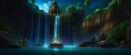 , rocky cliff, Palace carved into the rock, galaxy, infinity, space, water , statue , sci-fi., rocky cliff, Palace carved into the rock, galaxy, infinity, space, water , statue , sci-fi. jungle palms waterfall