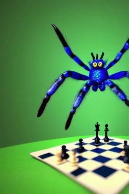 large hairy blue spider wearing a top hat and playing chess, photorealistic, blender render, wide angle lens, 4k, two birds, jungle,