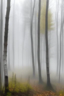 soft fog, with light breaking through, tall white birch trees, pavilion