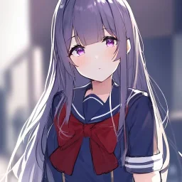 Clear focus, High resolution, rough line sketch, black long hair chopped bangs, purple eyes, wearing a sailor uniform with a red bow, fluffy bangs