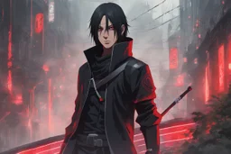 Itachi Uchiha in 8k nier automata artstyle, 2D anime them, Uchiha Custom, neon effect, close picture, rain, fantasy world, intricate details, highly detailed, high details, detailed portrait, masterpiece,ultra detailed, ultra quality