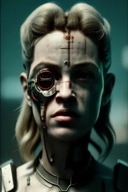 A portrait post-apocalypse cyborg MADONNA in a cyberpunk city, sci-fi fantasy style, 8k, volumetric lighting, particales,highly detailed,cinematic, deep scars on face,deep colours.