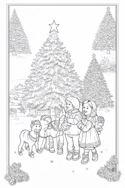 coloring page of a Christmas drawing, A4, white background, black and white, fun children book style