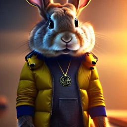 Rabbit toddler, steampunk headphone, sunglass, gangsta neckless, full body, yellow puffer jacket, tokio background, dramatic lighting, hyper realistic, unreal engine 5, 16k