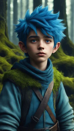 A medieval boy with blue hair in medieval moss forest, 8k, high quality, trending art, trending on artstation, sharp focus, studio photo, intricate details, highly detailed, by tim burton