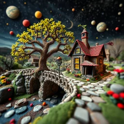 Photograph hasselblad h6d400c --ar 85:128 --v 6.0 of a fairy old bridge, tree, old bewitched house, made of felt art, tiltshift, 3d deep field, Joan Miró, wide angle landscape scene of an odd village, stars and planets, creepy, needlepoint, abstract silhoutte, expressionist style, colorful holiday