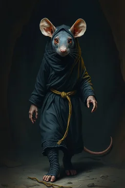 boots , the yoga rat man, big black iris eyes with yellow glints, ou’re looking at someone who doesn’t just walk into shadows—they belong to them. The black robes cling like a second skin, the belt tied tight with gold thread that catches the light only when he moves. His face is wrapped, but not hidden—his eyes glow like embers, red and steady, as if he’s already seen what waits inside the cave. The tail curls behind him, not in fear, but in readiness. He doesn’t need a torch, by Rembrandt