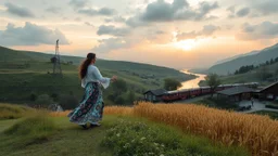 an azeri couple are dancing to camera in village over high grassy hills,a small fall and river and wild flowers at river sides, trees houses ,next to Ripe wheat ready for harvest farm,windmill ,a pretty train is arriving to station along river,a few village local shops ,cloudy sun set sky