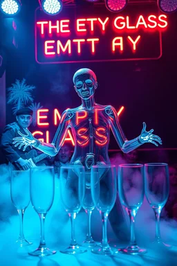 An "empty sad man" performing at dance club, his name is "Körven" Very sad looking and body and head is made of glass, empty glasses on stage, Neon lights and smog, "THE EMPTY GLASS" sign on the wall