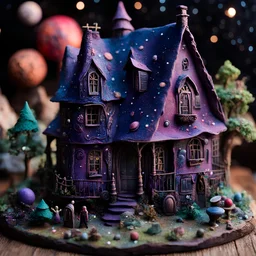 Detailed creepy house made of modeling clay, people, village, stars and planets, naïve, Tim Burton, strong texture, extreme detail, Max Ernst, decal, rich moody colors, sparkles, bokeh