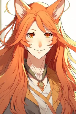 An older woman with long red hair, gold eyes, large fox ears, slight smile, pale skin, anime