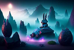 dark fantasy land with mystic, fog, deep cloros, burning landscape with mist, dark fantasy plants, silver and onix crystal eggs lying in sand, pale lights, rocks, weird surreal big dark rabbit-bird mutants, dark fantasy mood, sureal, high quality, high contrast, cinematic, atmospheric, weird mood