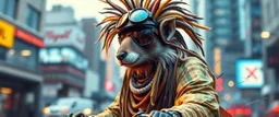 wall poster of transparent biker weasel rasta man with cute fur, in big cyberpunk city crossover, volume light and motion blur, airbrush and pen outline and paint smears, and splatter drops