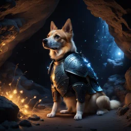 Hyper Realistic dog wearing armour guarding big black crystals with fireflies in a cave at night