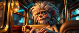 fascist dynasty soap opera, close up portrait of hairy fluffy polymer clay cute female happy worried monster with realistic human colored and textured skin, and long sleek limbs and with studio lights, on a luxury ornate neon buss, talking to his aunt