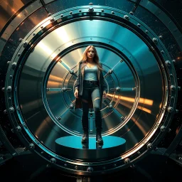 picture of a very huge real working physic based gyroscope with mirror surfaces in a inter star environment ,a very pretty lady with modern future clothing boots standing in main turning disk of gyroscope.1x1