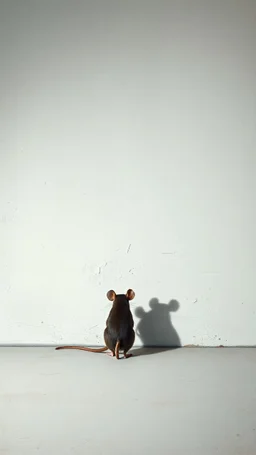 Bosch painting style, nightmare , a very small mouse standing in front of a big white wall with a giant shadow of the mouse on the white wall