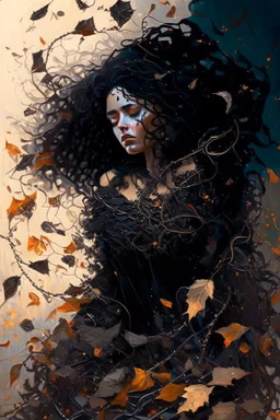 abstract creation of a beautiful girl with black curly hair, surrounded by black roses, thick metal chain broken, glass petals on the ground, autumn colours,dried out thorn bush, chaos,