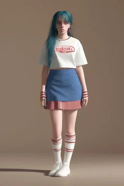 Billie Eilish, white stockings, skirt, t-shirt