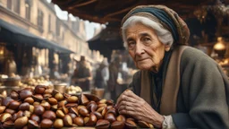 elderly Victorian female market trader selling roasted chestnuts, showing his head and upper body, perfect eyes, perfect anatomy, exquisite composition, beautiful detailed intricate detailed octane render, 8k artistic photography, photorealistic, soft natural volumetric cinematic perfect light, chiaroscuro, award-winning photograph, masterpiece, raphael, caravaggio, bouguereau