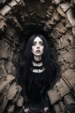 Closeup Girl goth with big eyes, fullbody, ragged clothes, extended like roots, the perspective looking up from the bottom of an empty well ,8k,macro photography,