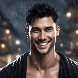 Hyper realistic extremely handsome muscular short black hair man smiling & wearing a black towel at rainy night