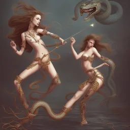 woman on flying snake fighting demons