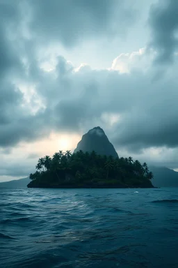 Creat a view from the ocean of an island filled with palms tree with a mountain in the background and a thunderstorms and rain and foggy clouds and high waves, cinematic, 8k, high quality photo , dim sun light behind the clouds