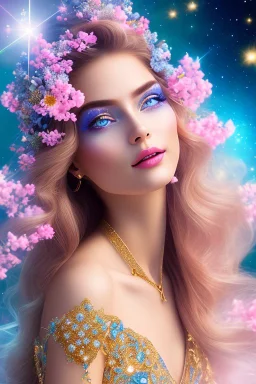 Beautyful smiling young woman, long hair amazing blue eyes, flowers, happy cosmic, bright colors, blue, pink, gold, jewels, realistic, photo real, clear sunny background, highly detailed, high contrast, 8k high definition, unreal engine 5, extremely sharp detail, light effect, sunny light backgroundgold, jewels, realistic, photo real, clear sunny background, highly detailed, high contrast, 8k h