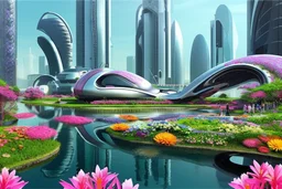 Futuristic city, people, pond, flowers