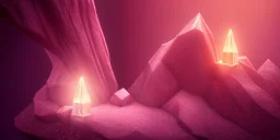 single pink crystal, on an altar in a foggy cave, cinematic,