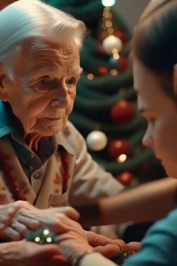 A heartwarming close-up photo of a young nurse helping an elderly person decorate a Christmas tree. Intricate details, 4k, realistic