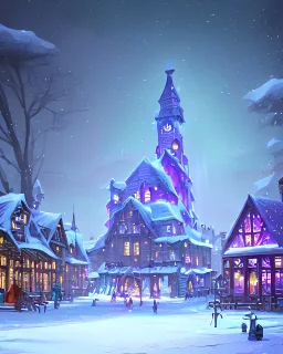 A magical snowy warlock town square with a Christmas tree