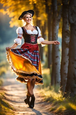 fullbody oktoberfest lady, outdoor folk dancer in countryside